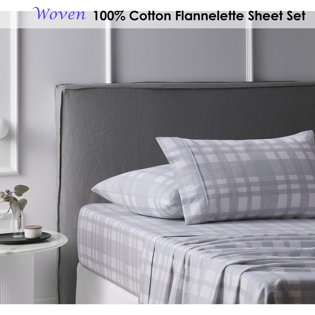 Accessorize Cotton Flannelette Sheet Set Woven featuring geometric print design in white and grey tones, perfect for winter bedding.