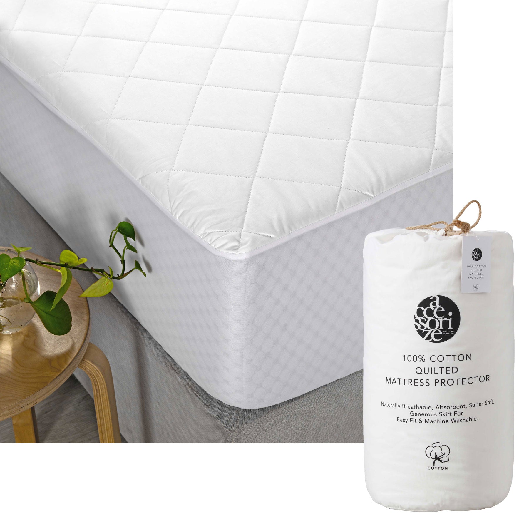 Accessorize Cotton Quilted Mattress Protector Double with quilted diamond design and soft cotton fabric.