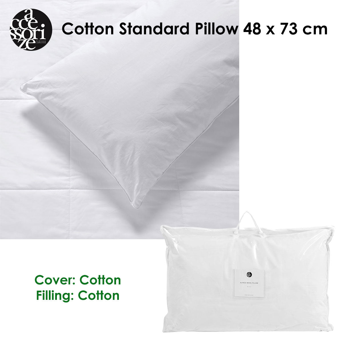 Accessorize Cotton Standard Pillow 48 x 73 cm in a classic solid color, showcasing its soft cotton fabric and plush filling.