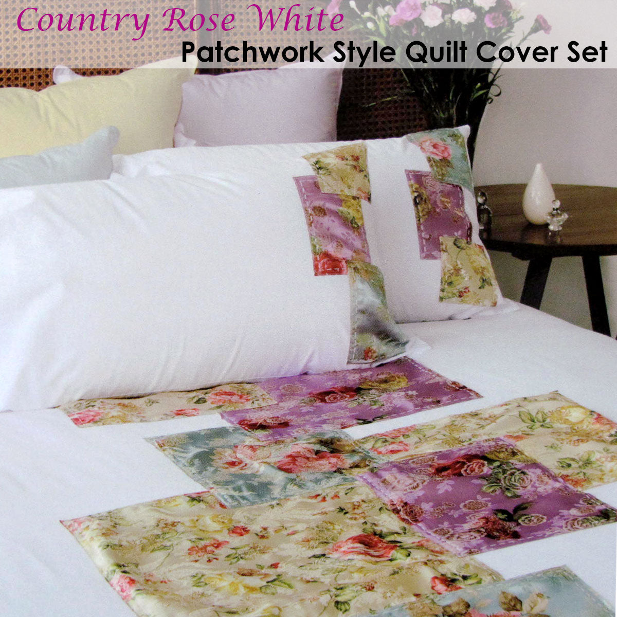 Accessorize Country Rose White Quilt Cover Set featuring floral patchwork design in vibrant colors, perfect for single beds.