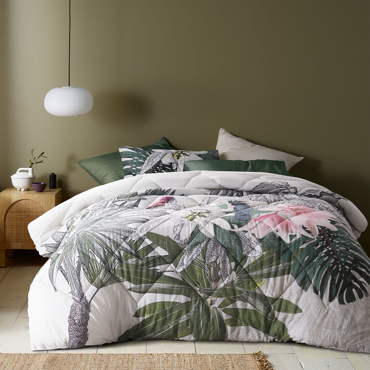 Accessorize Curiosity Washed Cotton Printed 3 Piece Comforter Set featuring palm leaves design in cream, grey, black, pink, and green tones.