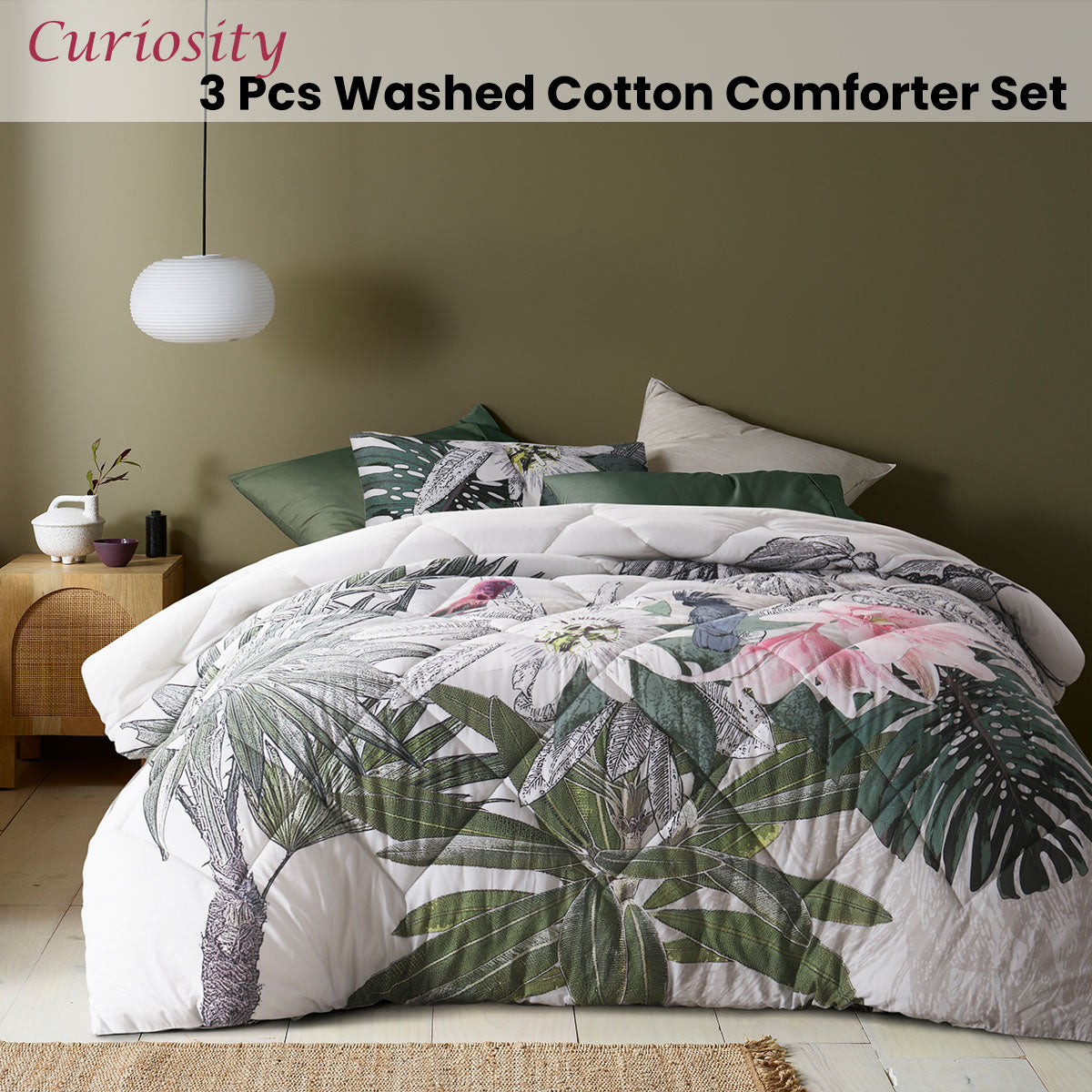 Accessorize Curiosity Washed Cotton Printed 3 Piece Comforter Set featuring palm leaves design in cream, grey, black, pink, and green tones.