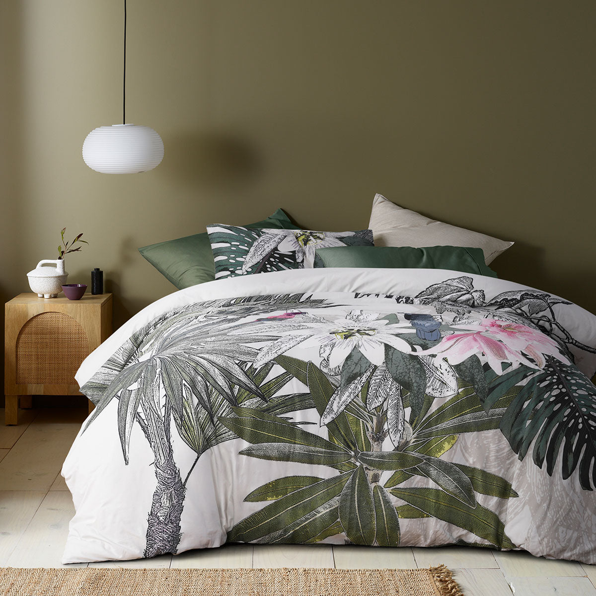 Accessorize Curiosity Washed Cotton Printed Quilt Cover Set King featuring foliage design in cream, grey, black, pink, and green tones.