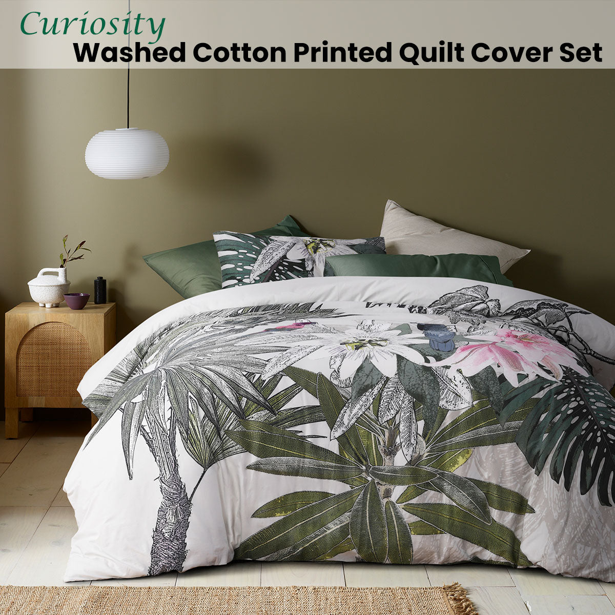 Accessorize Curiosity Washed Cotton Printed Quilt Cover Set King featuring foliage design in cream, grey, black, pink, and green tones.