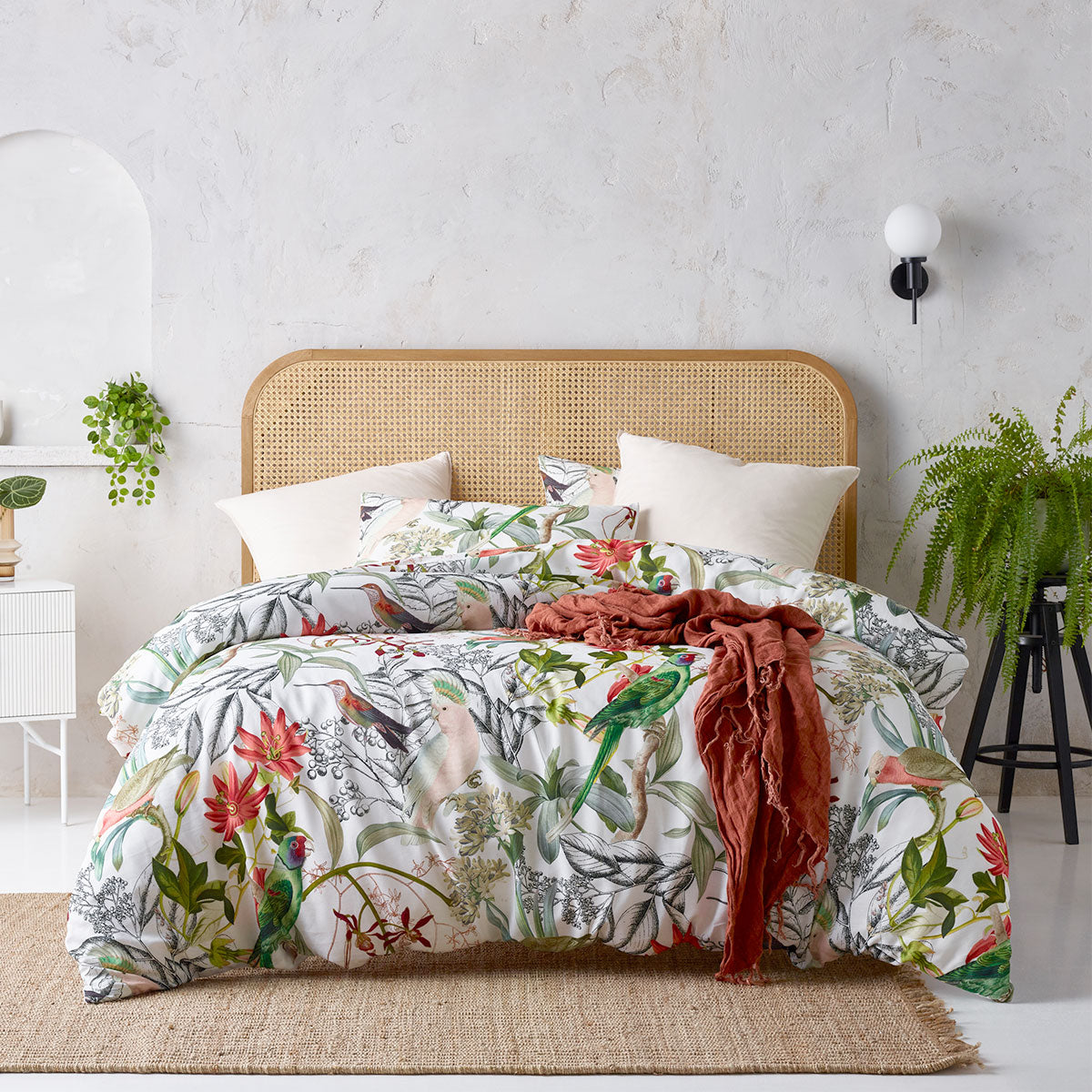 Accessorize Currumbin Linen Cotton Printed Quilt Cover Set King featuring a vibrant tropical design in soft hues.