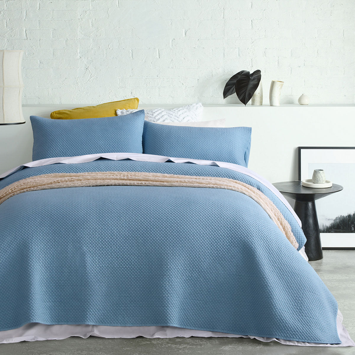 Accessorize Dexter Blue Coverlet Set featuring a quilted waffle design, soft brushed polyester fabric, and includes coverlet and pillowcases.