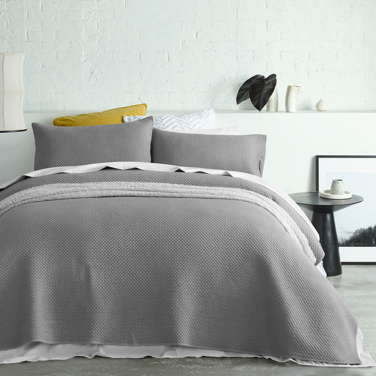 Accessorize Dexter Charcoal Coverlet Set featuring a quilted waffle design, soft brushed polyester fabric, and includes coverlet and pillowcases.