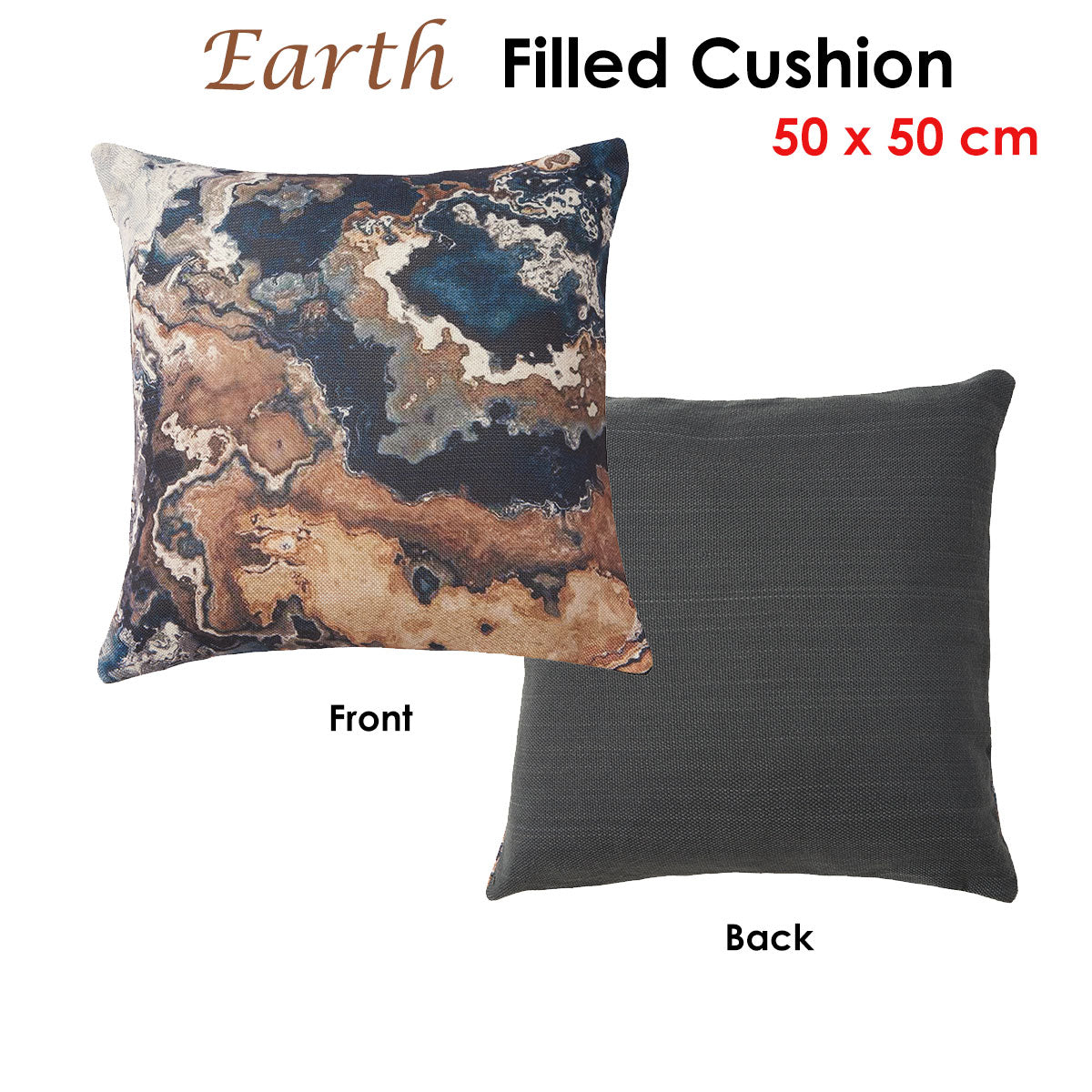 Accessorize Earth Filled Cushion 50 x 50 cm with a stylish Earth texture print in brown, grey, silver, cream, and navy colors.