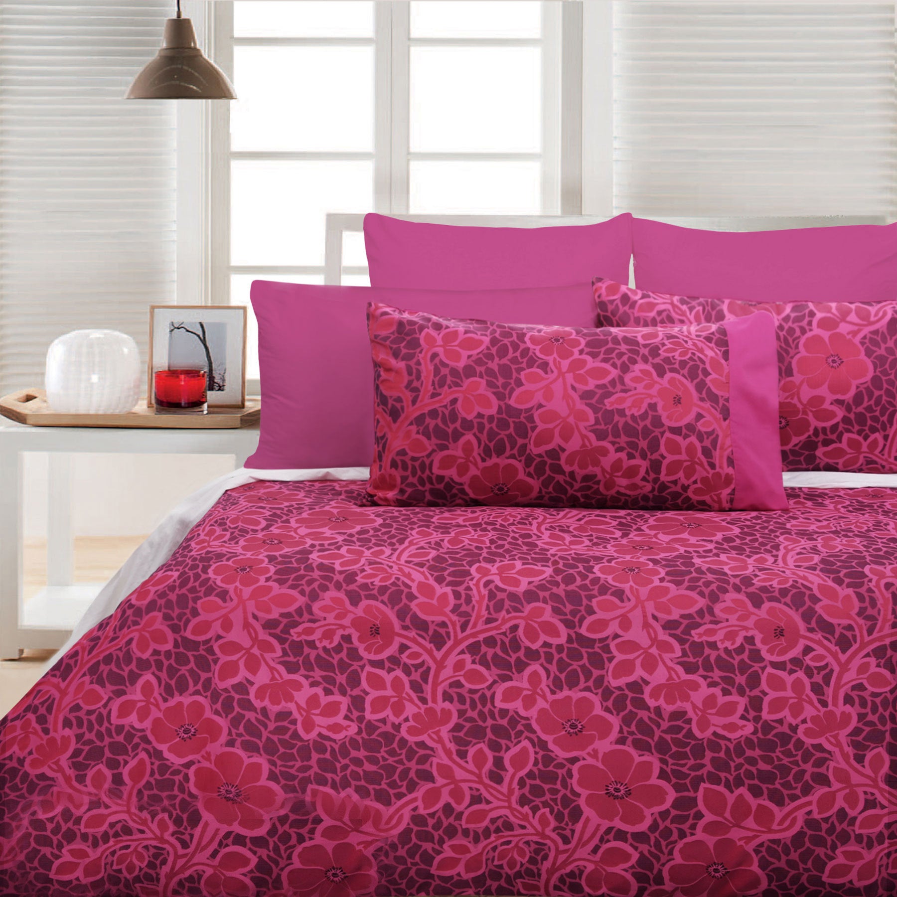 Accessorize Emma Pink Quilt Cover Set featuring jacquard motif and soft satin polyester fabric, includes quilt cover and two matching pillowcases.