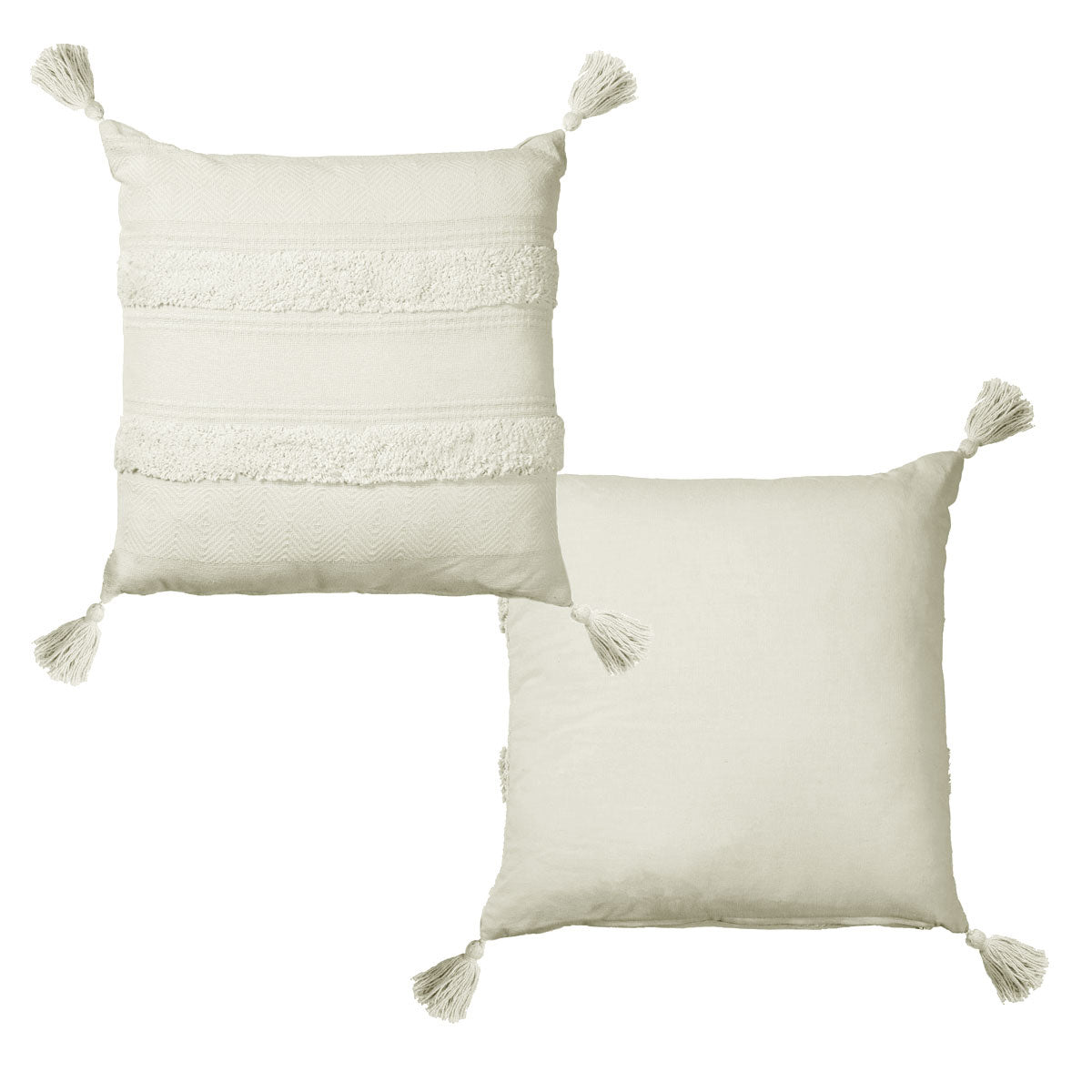 Accessorize Indra Cotton Cover Filled Cushion in Off White with applique design and tassels, perfect for home decor.