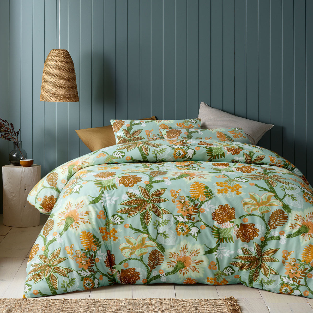 Accessorize Kienze Washed Cotton Printed Quilt Cover Set King featuring vibrant floral design in white, green, orange, and yellow tones.