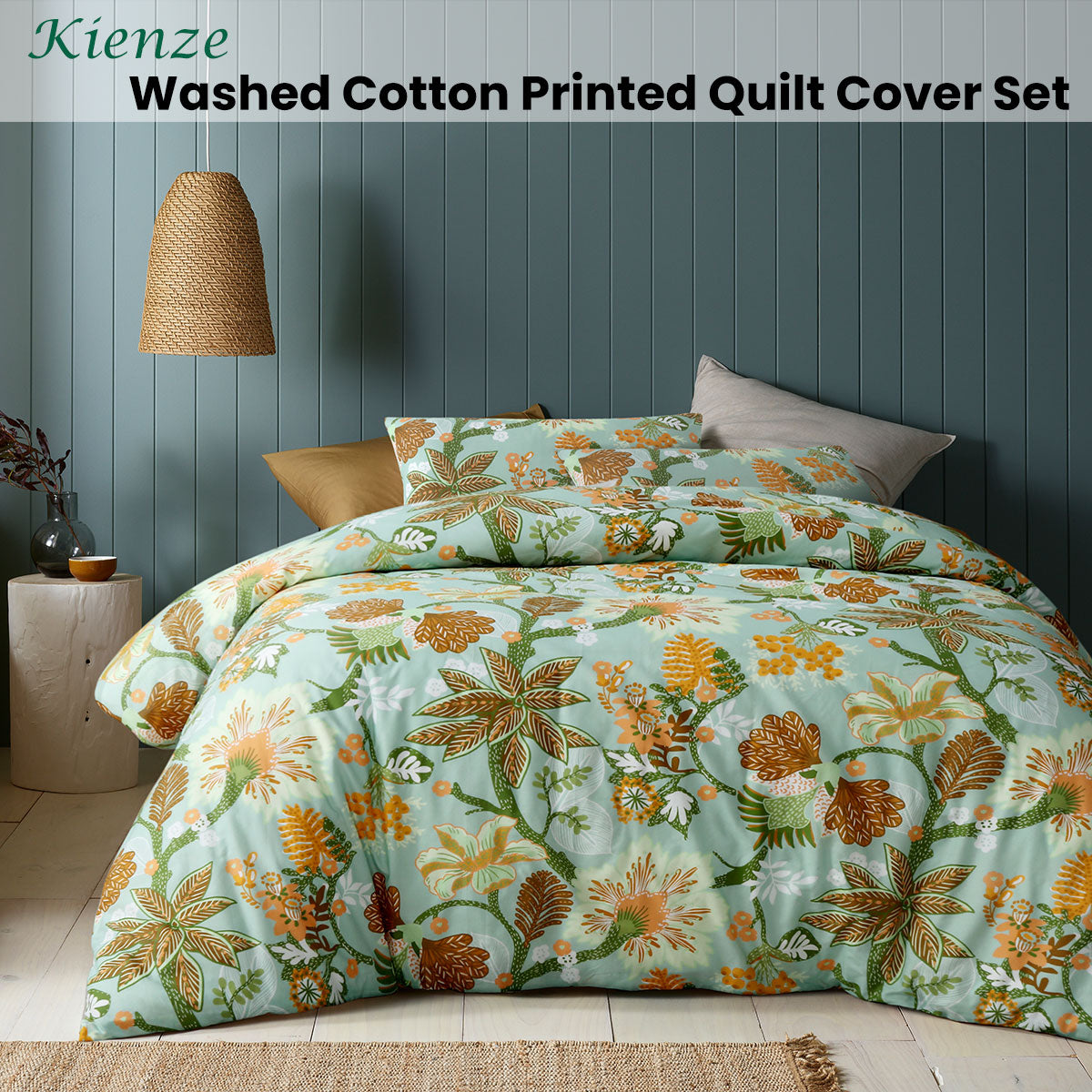 Accessorize Kienze Washed Cotton Printed Quilt Cover Set King featuring vibrant floral design in white, green, orange, and yellow tones.