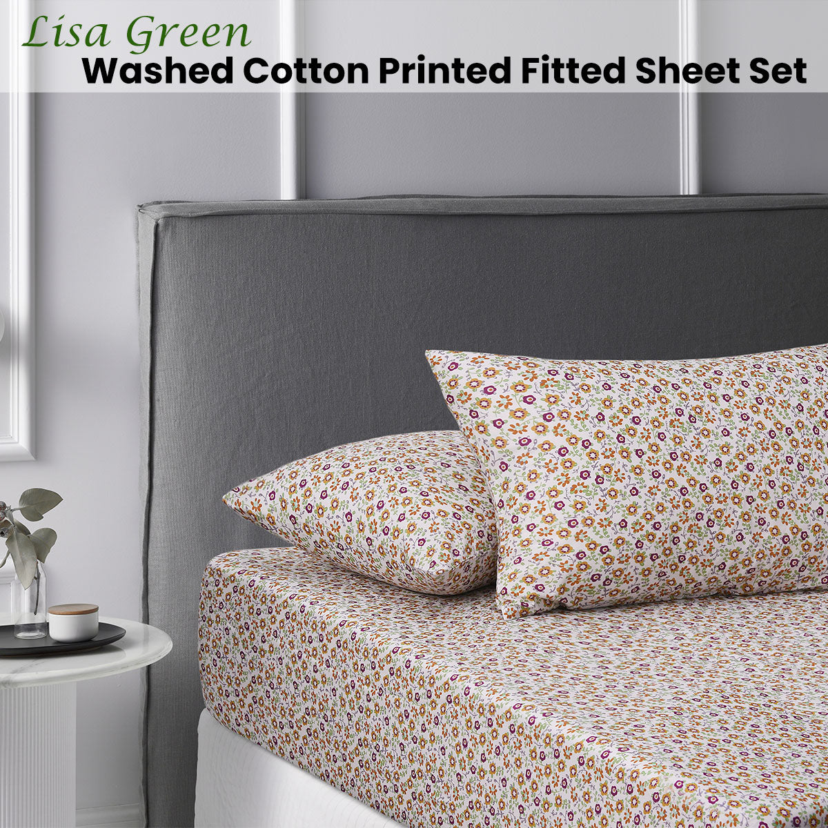 Accessorize Lisa Green Washed Cotton Printed Fitted Sheet Set featuring floral design in vibrant colors, perfect for double beds.