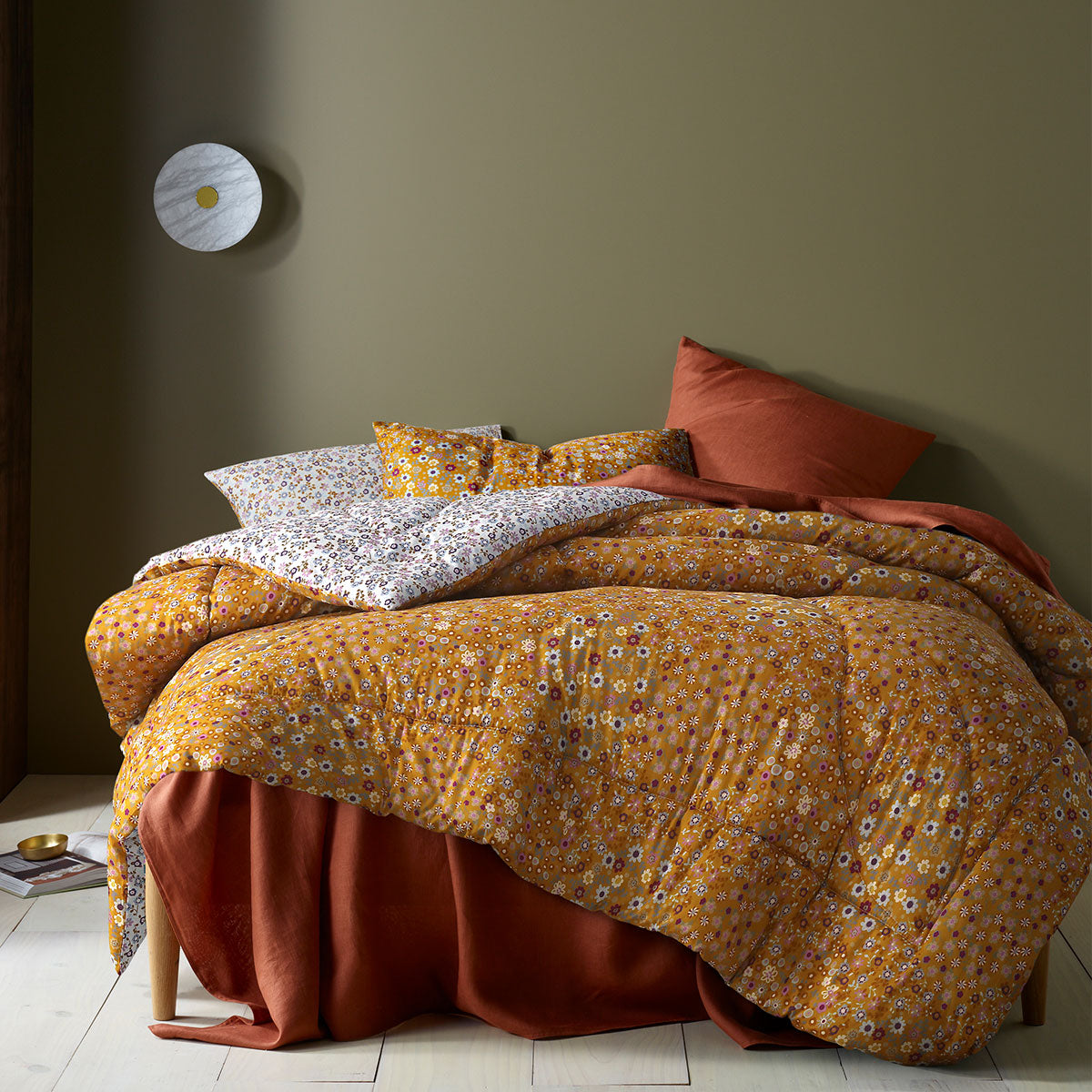 Accessorize Lisa Ochre Washed Cotton Printed 3 Piece Comforter Set featuring vibrant floral designs in multiple colors.