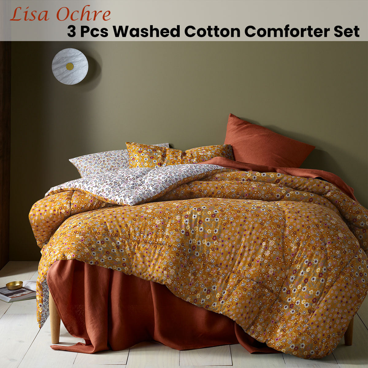 Accessorize Lisa Ochre Washed Cotton Printed 3 Piece Comforter Set featuring vibrant floral designs in multiple colors.