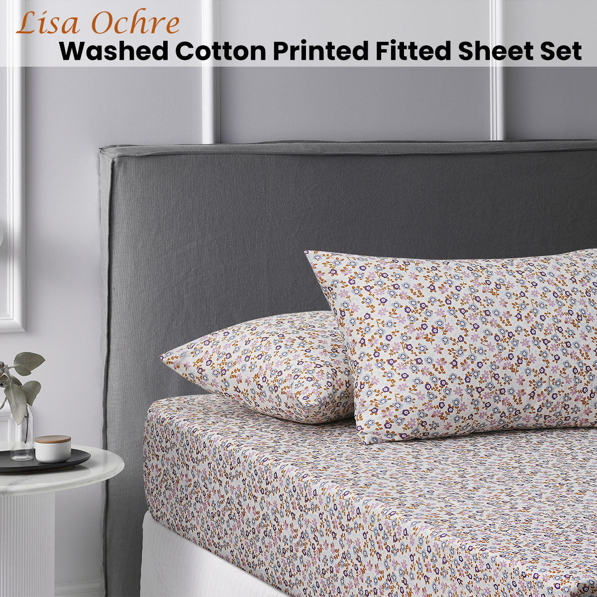 Accessorize Lisa Ochre Washed Cotton Printed Fitted Sheet Set featuring vibrant floral design in multiple colors.