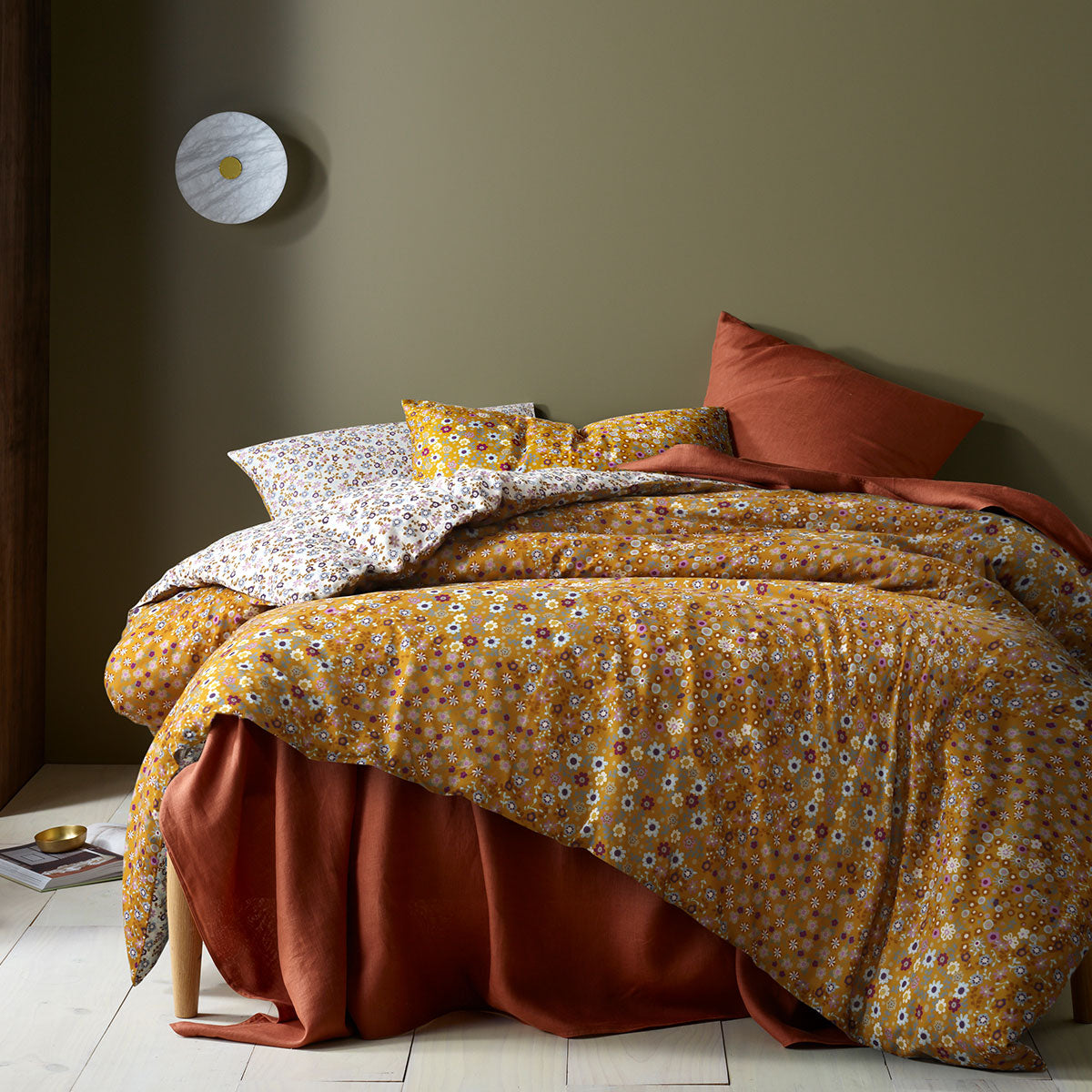 Accessorize Lisa Ochre Washed Cotton Printed Quilt Cover Set featuring vibrant floral patterns in multiple colors, perfect for queen-sized beds.