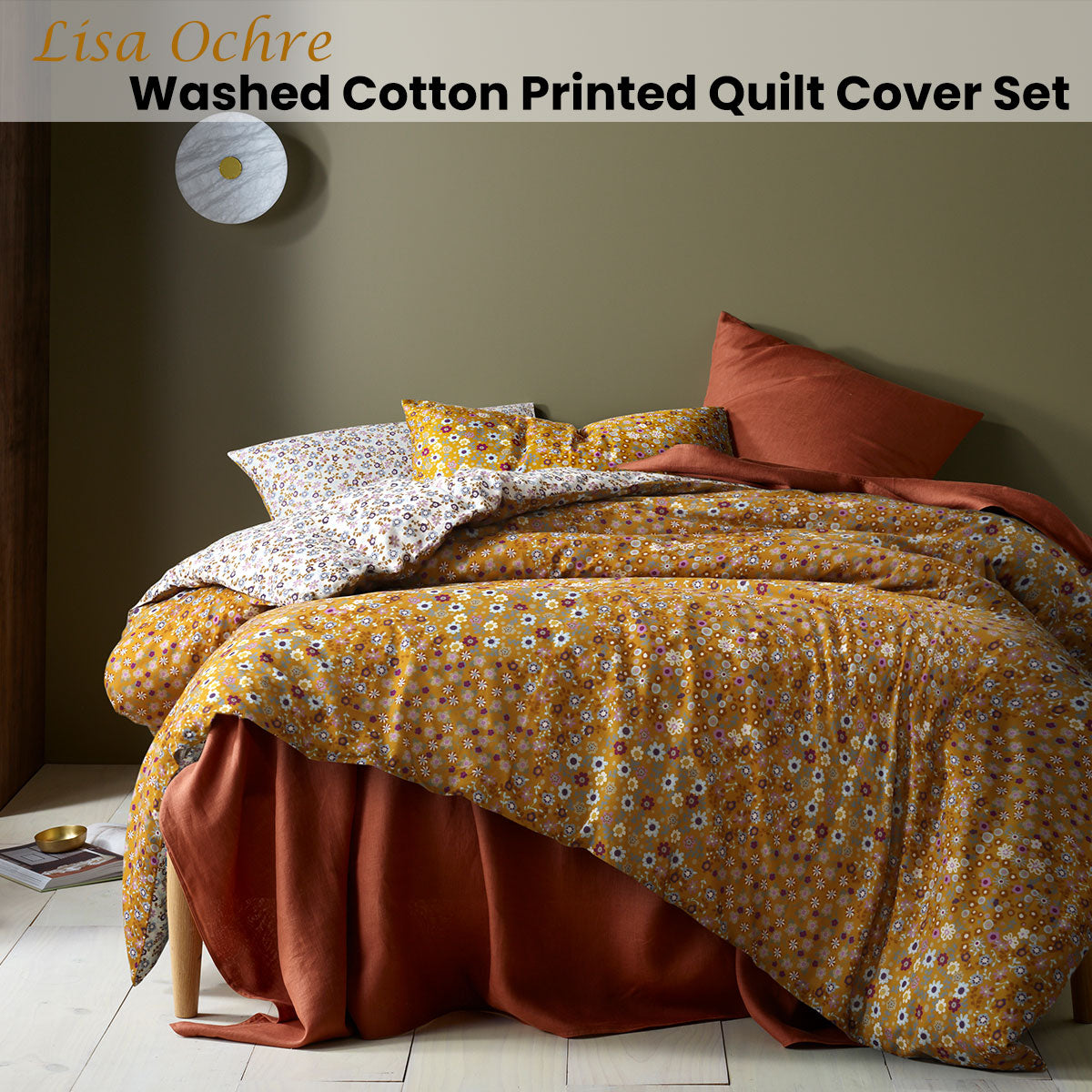 Accessorize Lisa Ochre Washed Cotton Printed Quilt Cover Set featuring vibrant floral patterns in multiple colors, perfect for queen-sized beds.