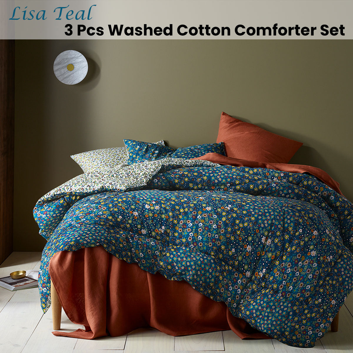 Accessorize Lisa Teal Washed Cotton Printed 3 Piece Comforter Set King featuring vibrant floral patterns in teal, white, green, and red.