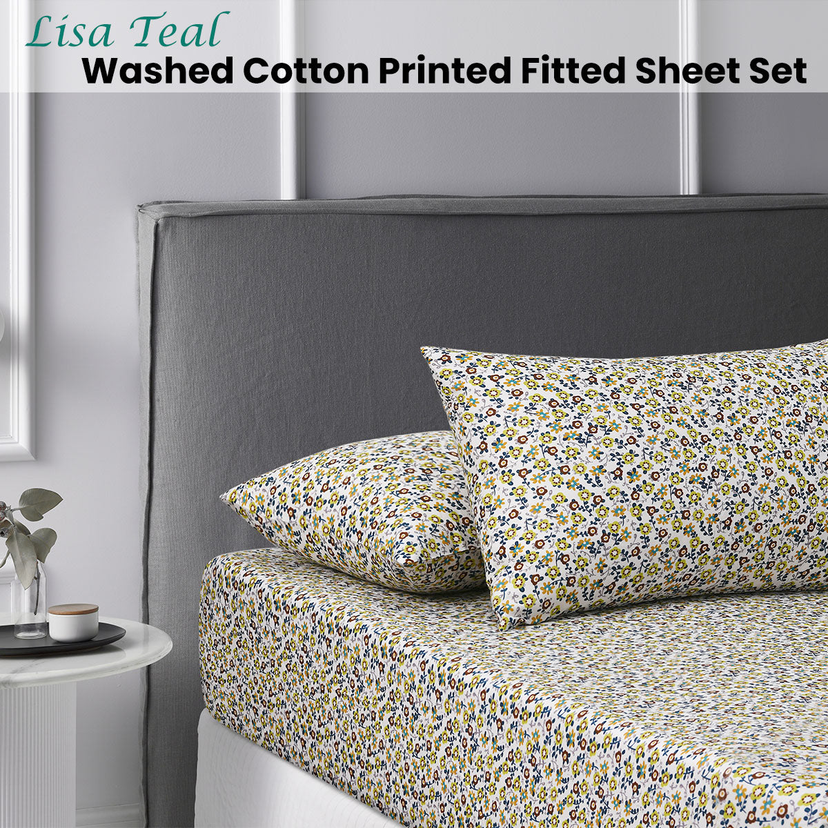 Accessorize Lisa Teal Washed Cotton Printed Fitted Sheet Set featuring floral design in teal, white, green, orange, and blue colors.