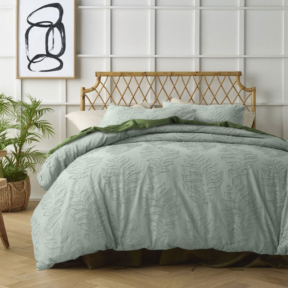 Accessorize Lucas Sage Chenille Cotton Quilt Cover Set featuring a plush foliage design in a soothing sage color, perfect for stylish bedding.