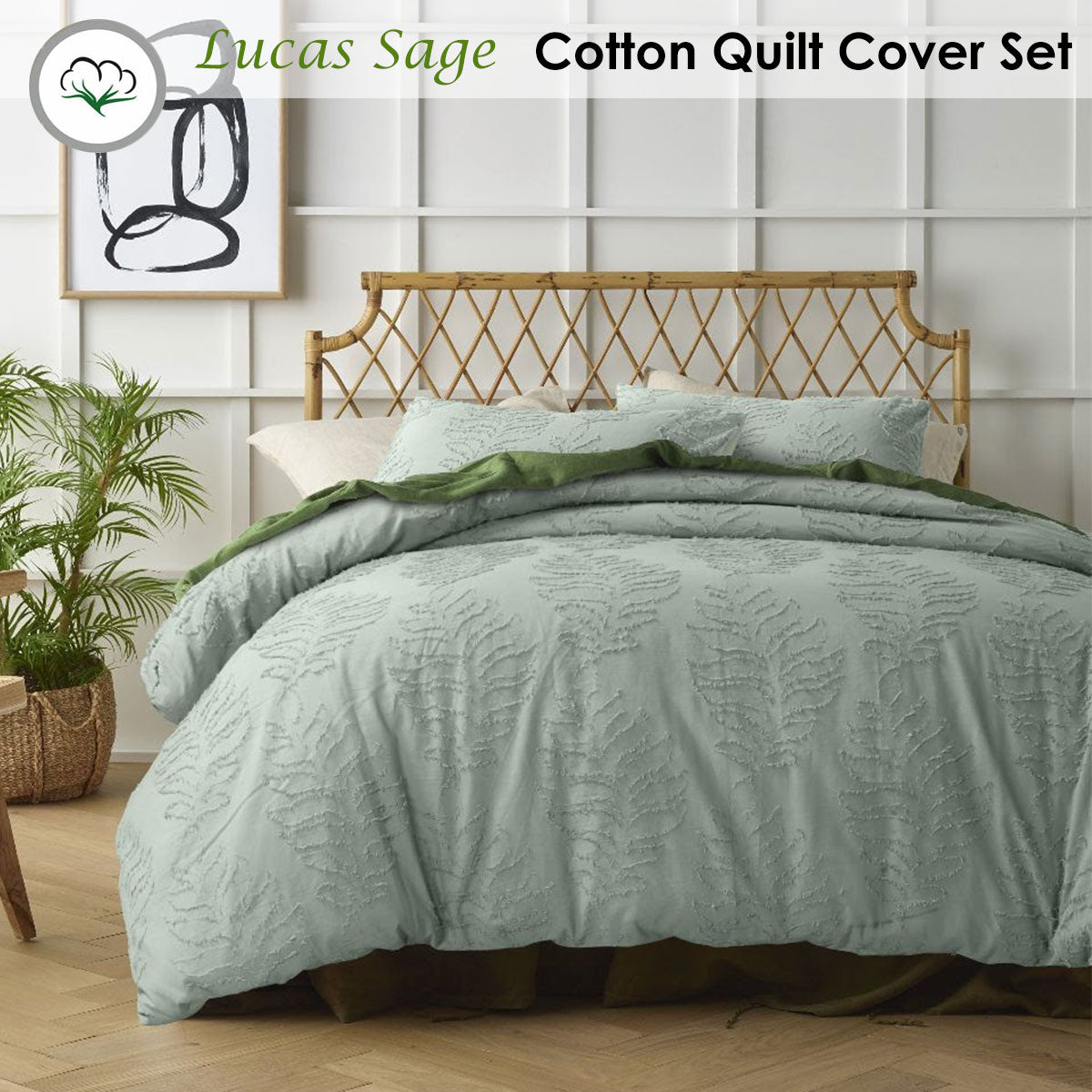 Accessorize Lucas Sage Chenille Cotton Quilt Cover Set featuring a plush foliage design in a soothing sage color, perfect for stylish bedding.