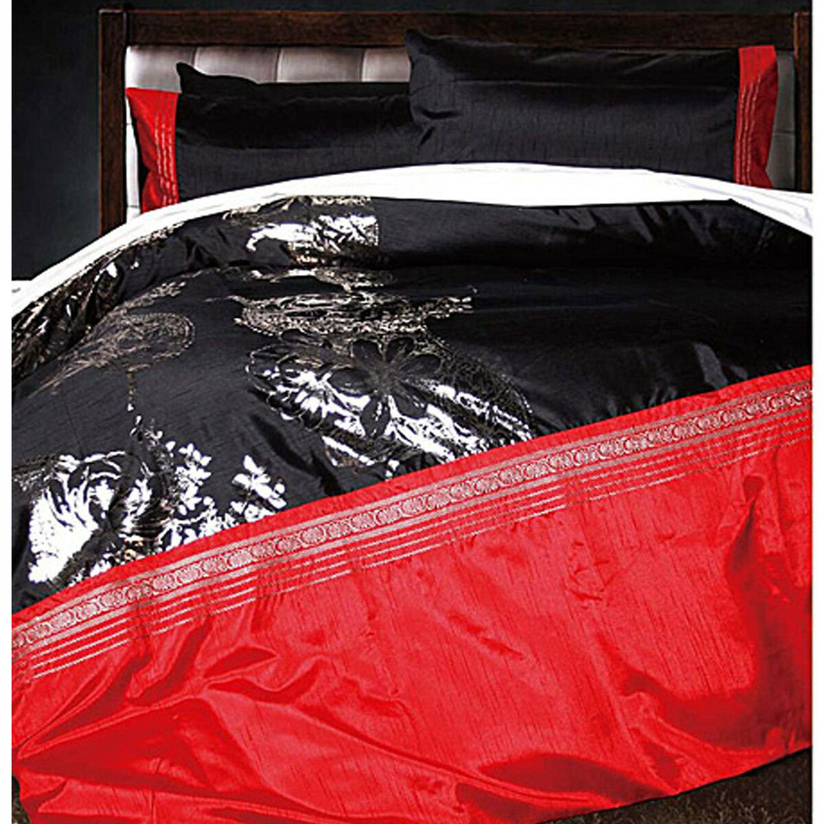 Majestic Black Quilt Cover Set featuring floral design in black, silver, and red, perfect for queen-sized beds.