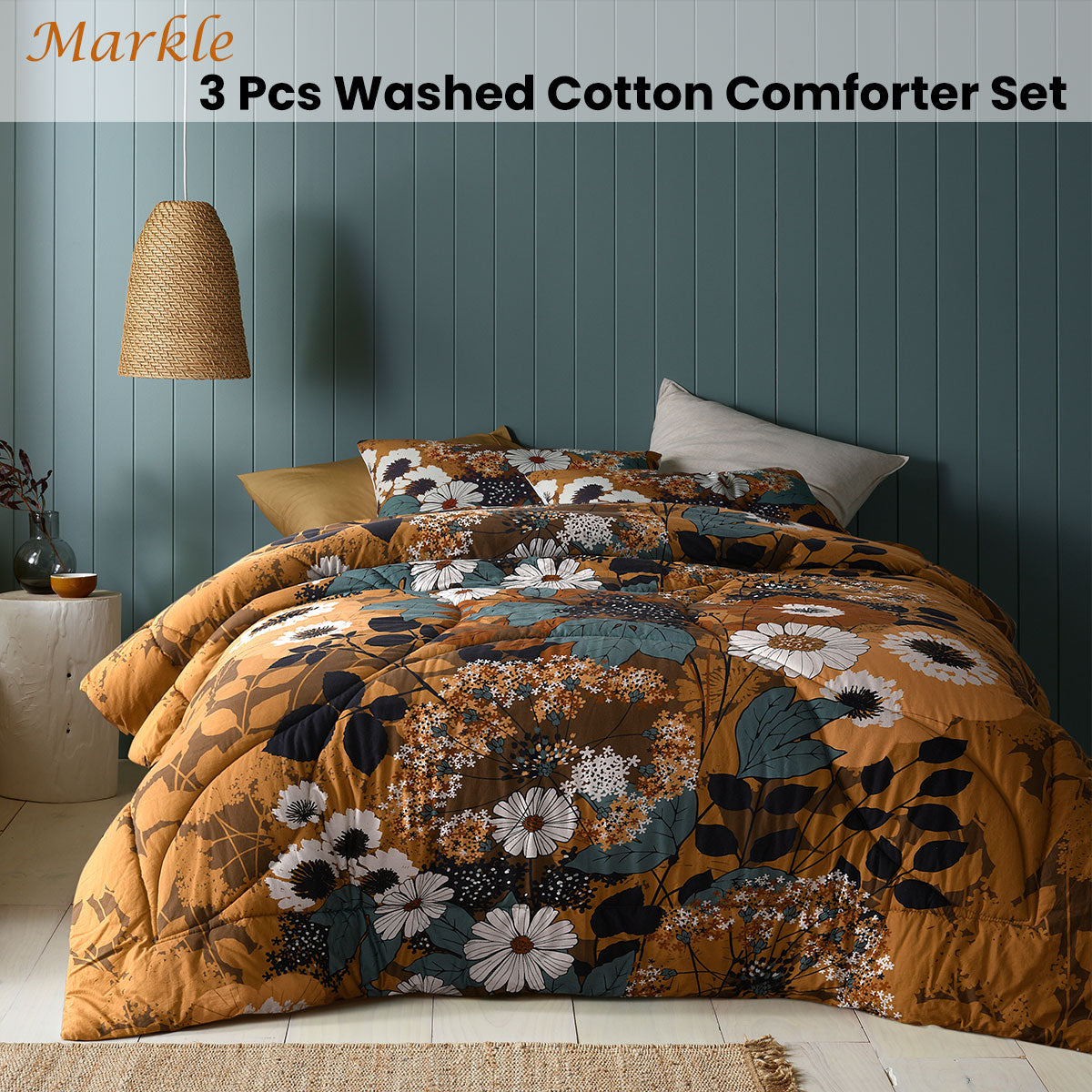 Accessorize Markle Washed Cotton Printed 3 Piece Comforter Set King featuring floral design in multiple colors.