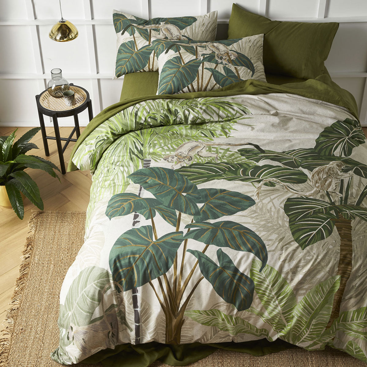 Accessorize Monkey Palm Cotton Quilt Cover Set King featuring a botanical design in soft neutral tones.