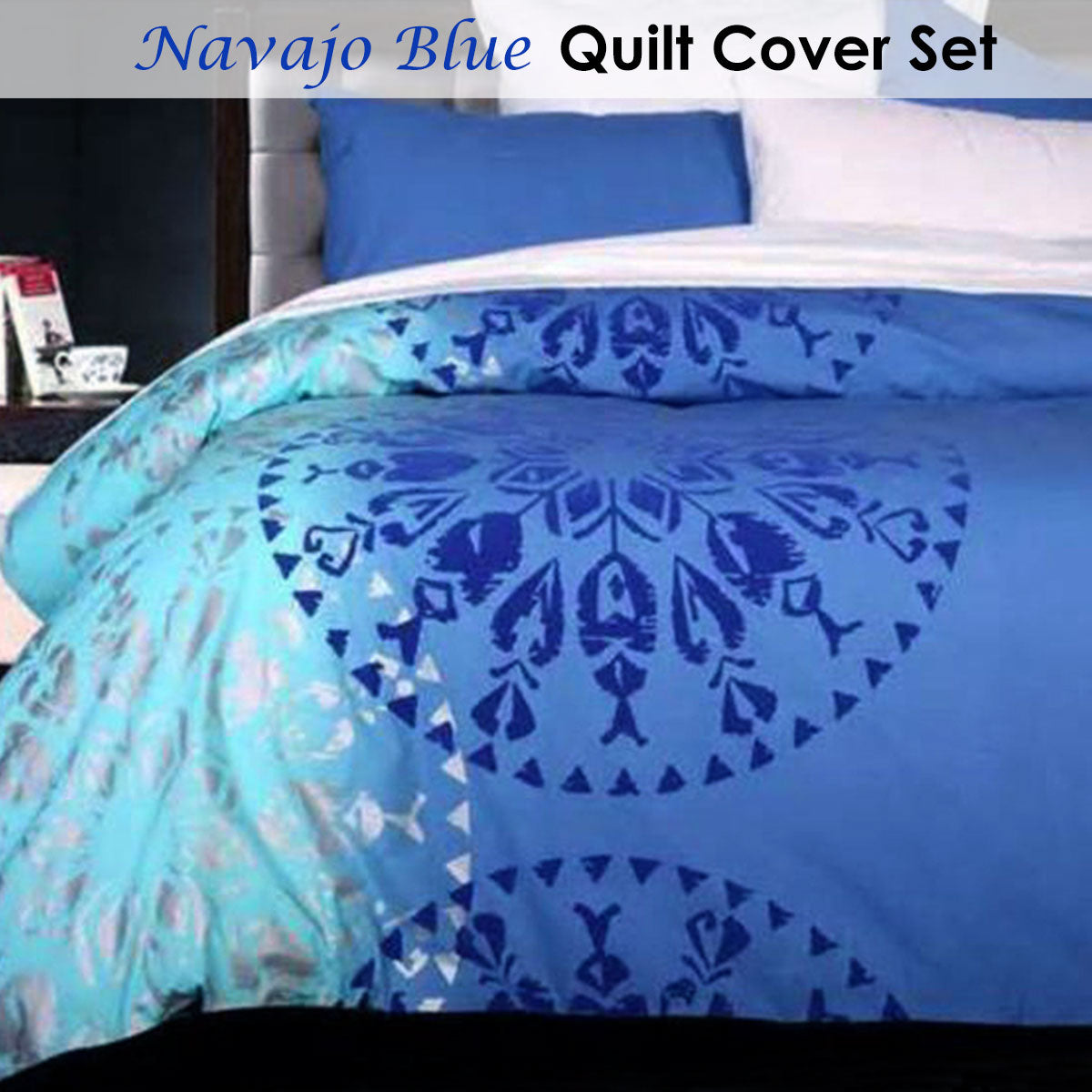 Accessorize Navajo Blue Quilt Cover Set Single featuring geometric patterns in blue, silver, aqua, and turquoise colors.