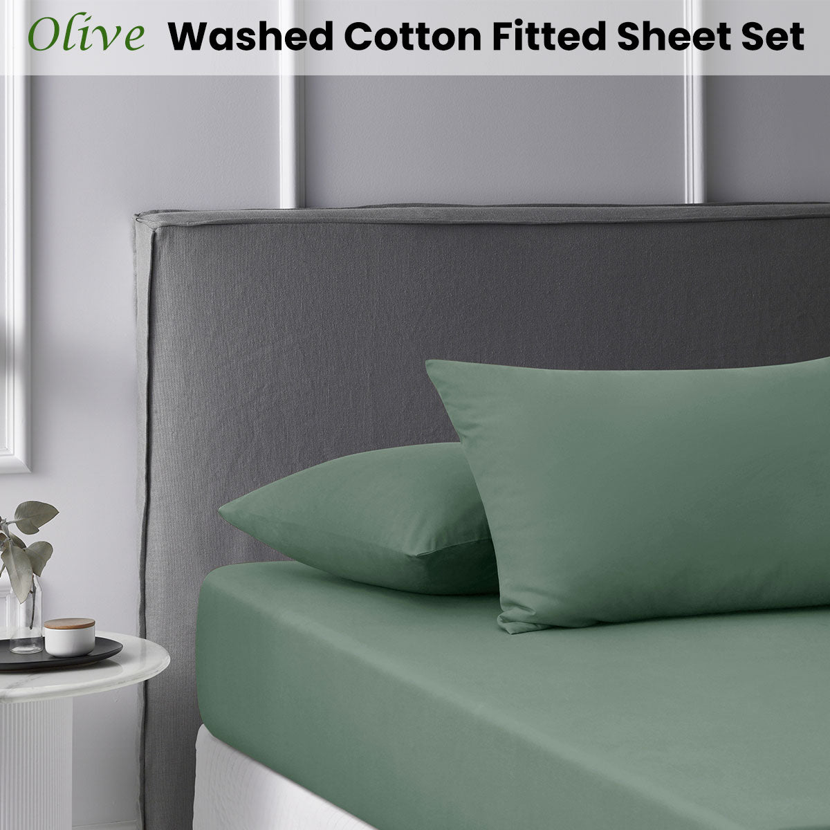 Accessorize Olive Washed Cotton Fitted Sheet Set featuring a soft olive color, includes fitted sheet and two pillowcases.