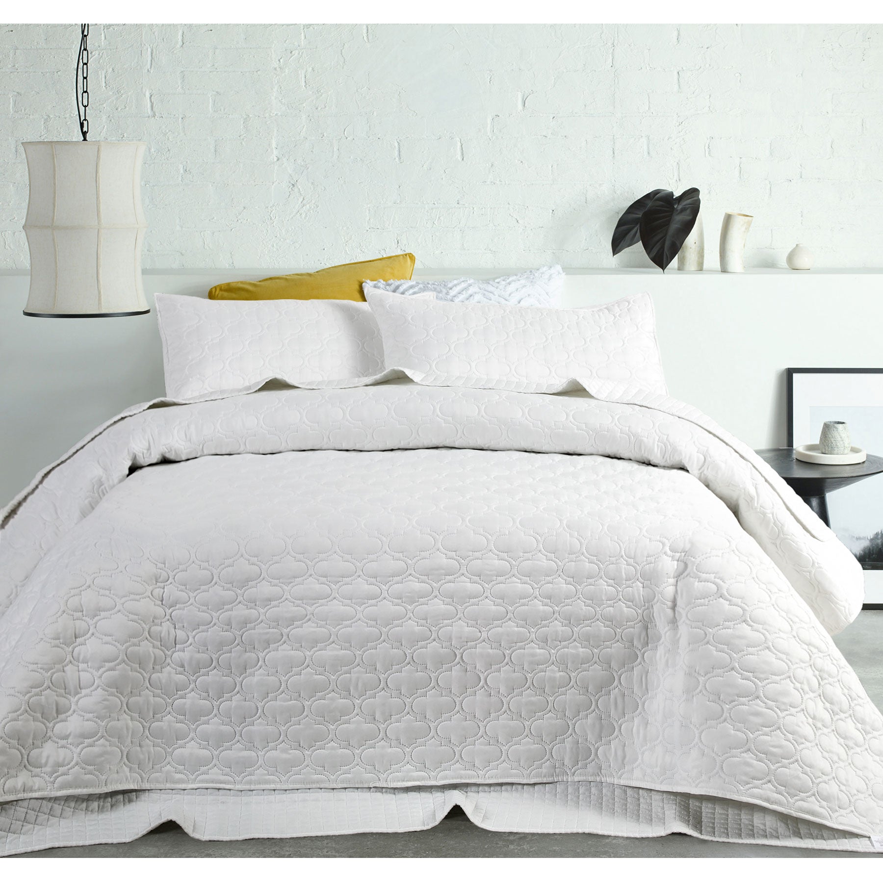 Accessorize OPACO Coverlet Set in White featuring a quilted Moroccan design, includes coverlet and two standard pillowcases.