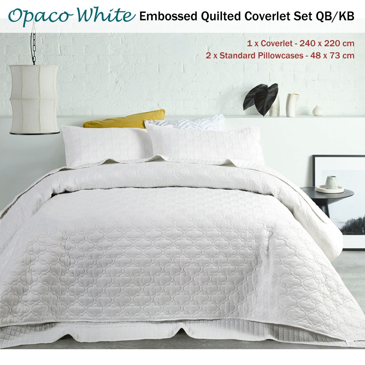 Accessorize OPACO Coverlet Set in White featuring a quilted Moroccan design, includes coverlet and two standard pillowcases.