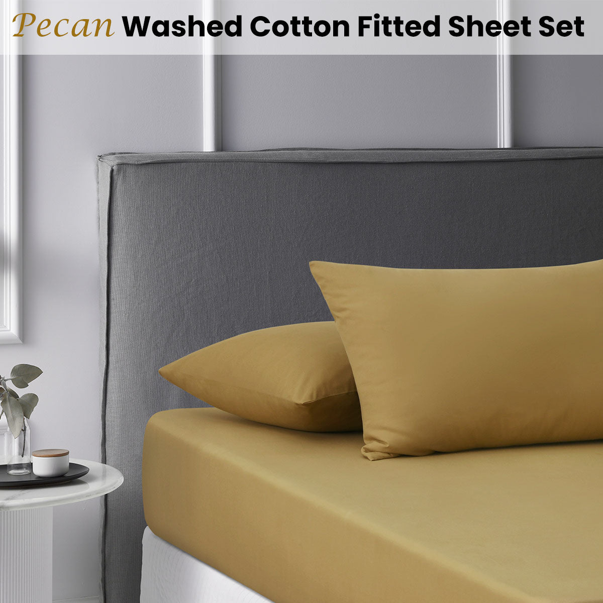 Accessorize Pecan Washed Cotton Fitted Sheet Set featuring a soft, warm pecan color with a smooth texture, ideal for a cozy bedroom.