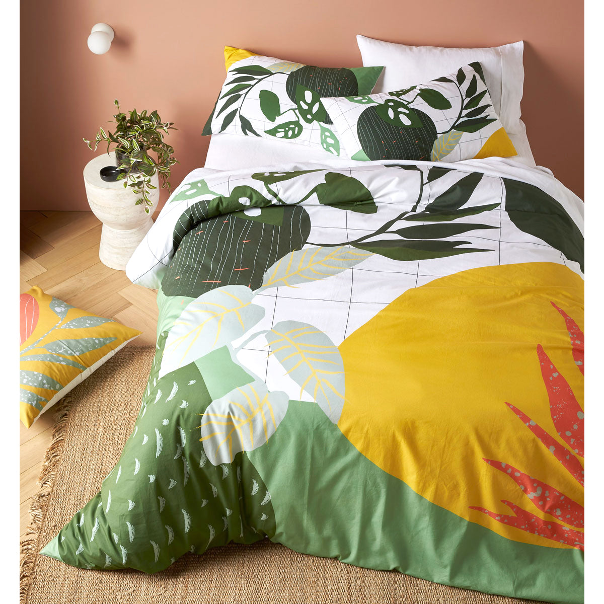 Accessorize Ren Multi Cotton Quilt Cover Set King featuring a botanical print in soft colors, including white, yellow, coral, green, frost, forest, and silver.