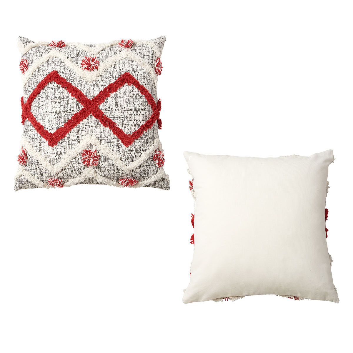 Accessorize Ronan White Red Filled Square Cushion featuring a stylish applique design in soft hues of white, red, grey, and silver.