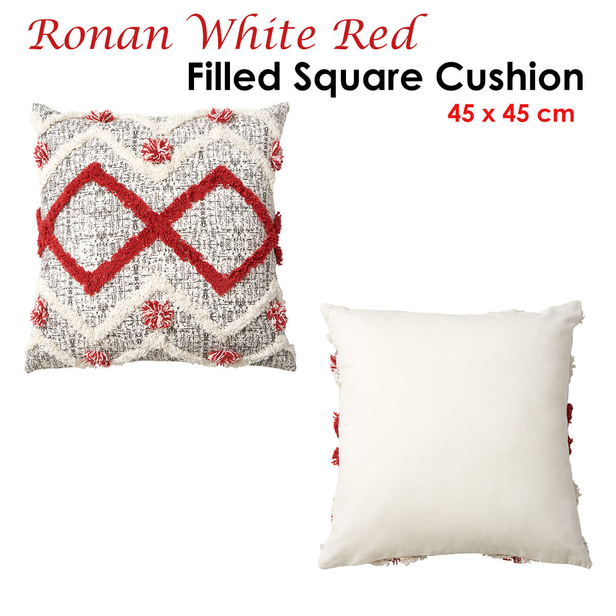 Accessorize Ronan White Red Filled Square Cushion featuring a stylish applique design in soft hues of white, red, grey, and silver.