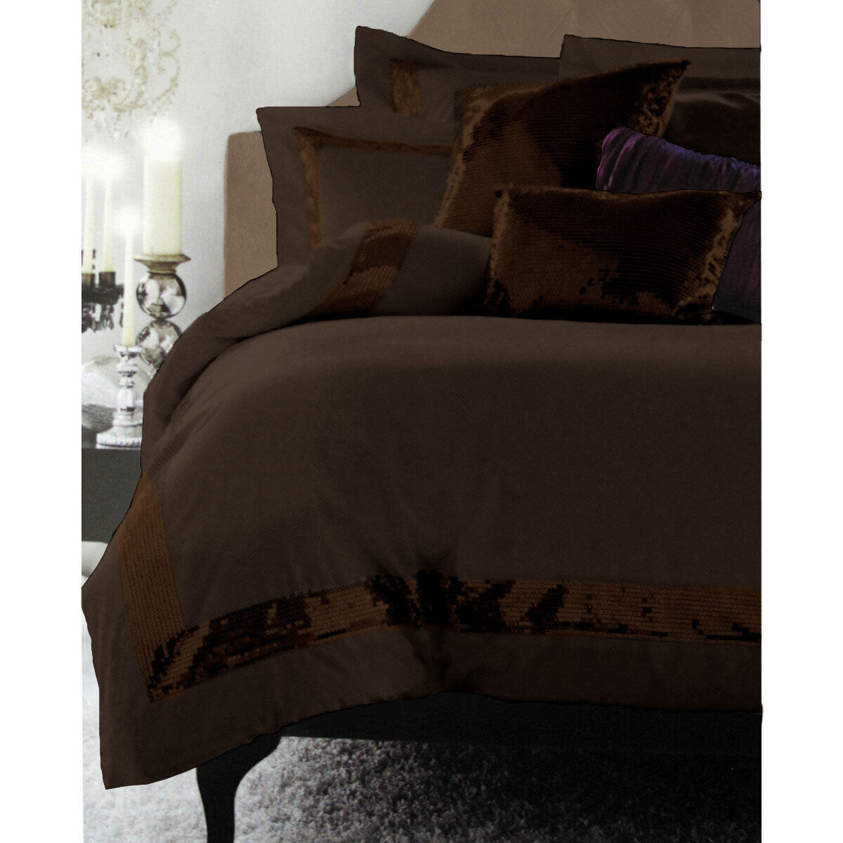 Accessorize Sequins Chocolate Quilt Cover Set King featuring elegant sequins design in rich chocolate and brown tones, made from soft cotton fabric.