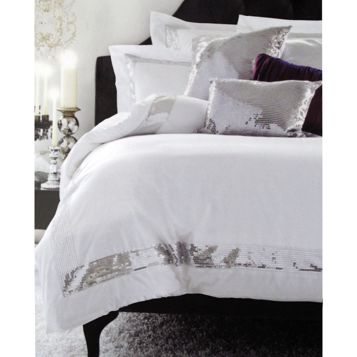 Accessorize Sequins White Cotton Quilt Cover Set featuring shimmering sequins in white and silver tones, perfect for luxurious bedroom decor.