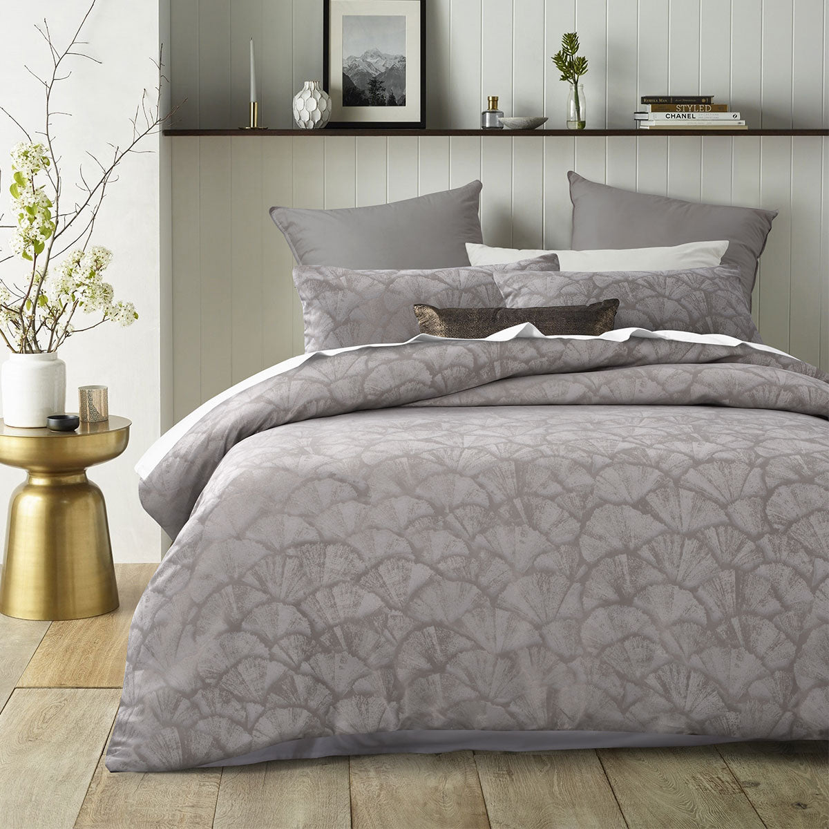 Accessorize Shells Jacquard Quilt Cover Set King featuring elegant shells design in natural and grey tones, includes quilt cover and pillowcases.