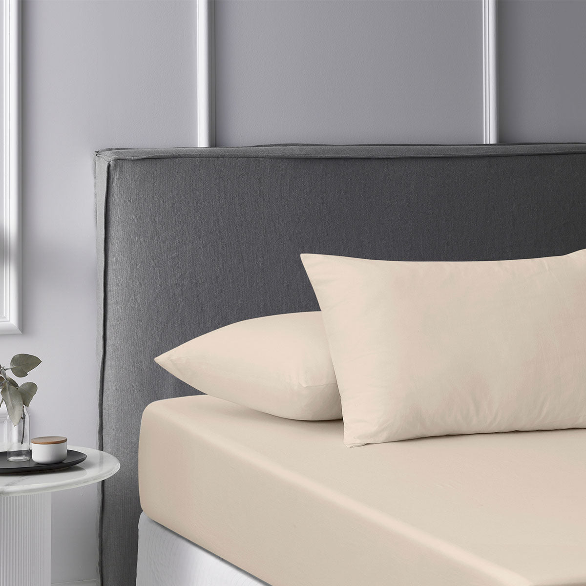 Accessorize Stone Washed Cotton Fitted Sheet Set King Single in a soft, solid color, showcasing its smooth texture and quality cotton fabric.