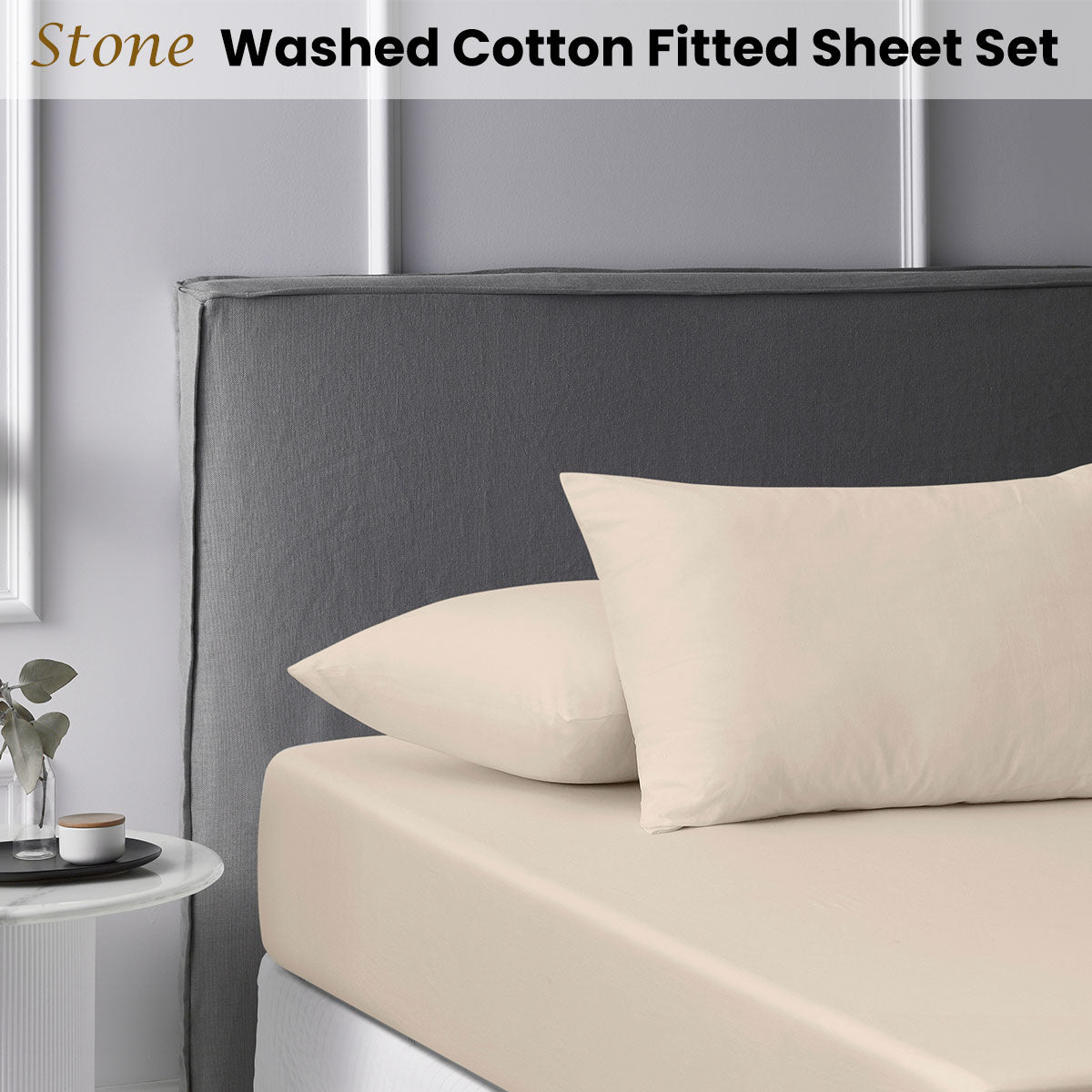 Accessorize Stone Washed Cotton Fitted Sheet Set King Single in a soft, solid color, showcasing its smooth texture and quality cotton fabric.