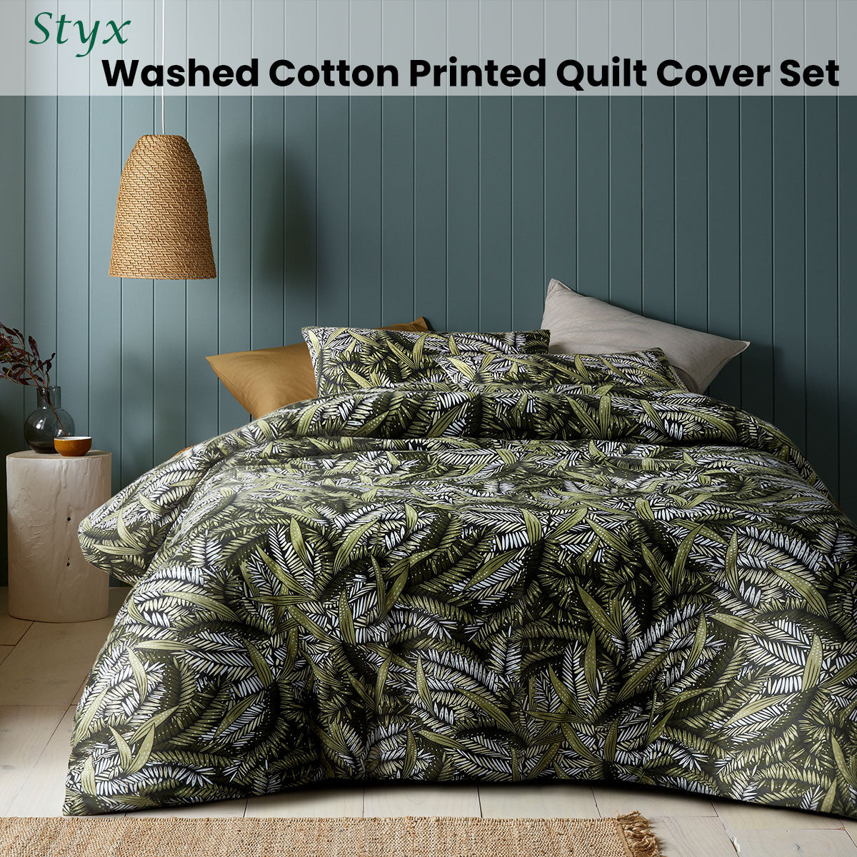 Accessorize Styx Washed Cotton Printed Quilt Cover Set featuring foliage design in white, green, and black colors, perfect for queen-sized beds.