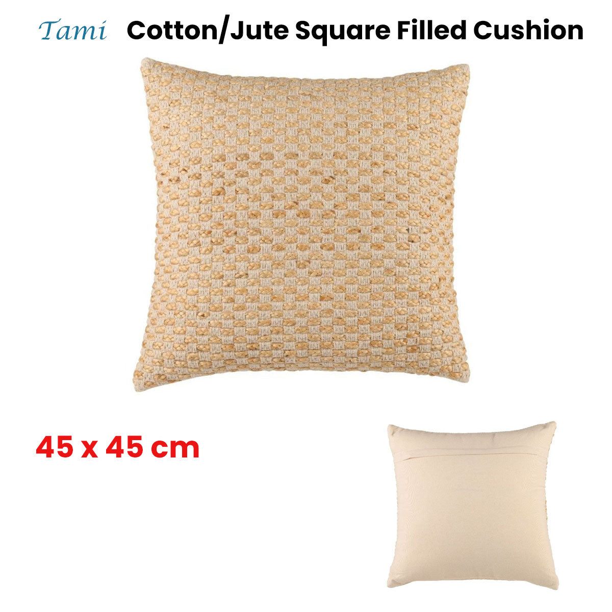 Accessorize Tami Cotton/Jute Square Filled Cushion in natural color, featuring a textured design, perfect for home decor.