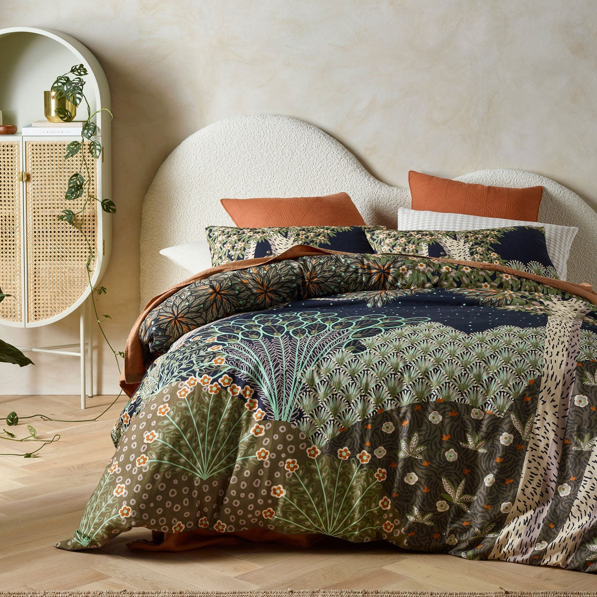 Accessorize The Forest Printed Linen Cotton Quilt Cover Set King featuring a serene forest theme in warm colors, perfect for a tranquil bedroom.