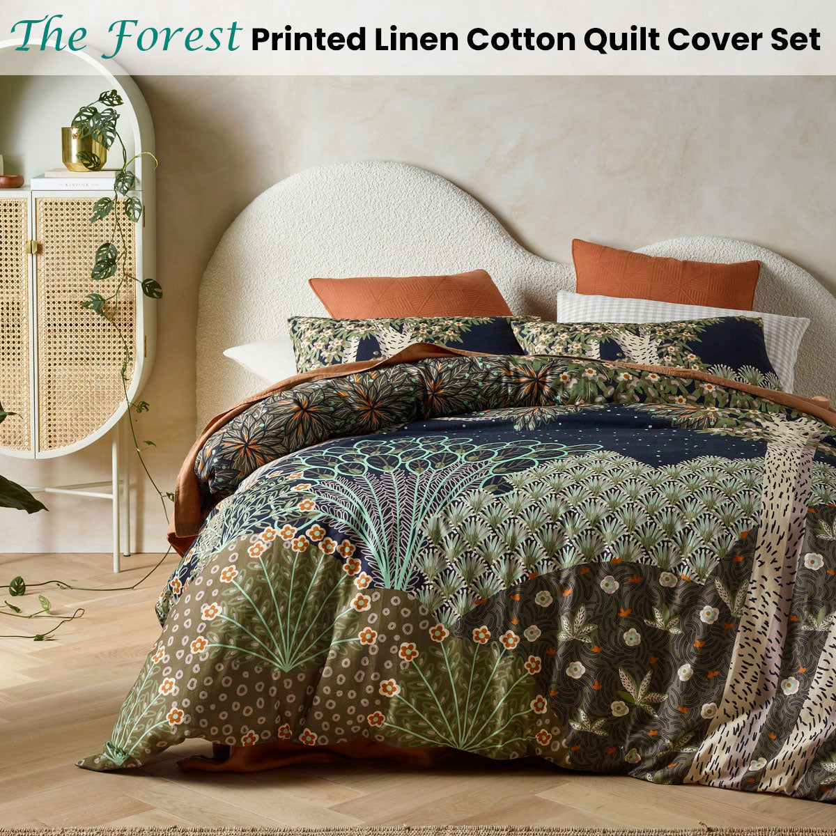 Accessorize The Forest Printed Linen Cotton Quilt Cover Set King featuring a serene forest theme in warm colors, perfect for a tranquil bedroom.