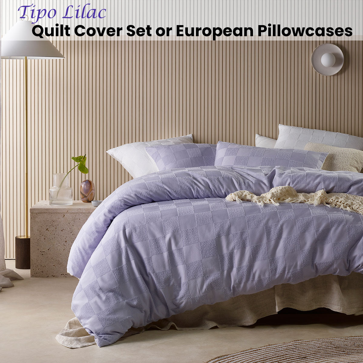 Accessorize Tipo Lilac Chenille Quilt Cover Set featuring a textured grid pattern, includes quilt cover and two pillowcases in a soft lilac color.