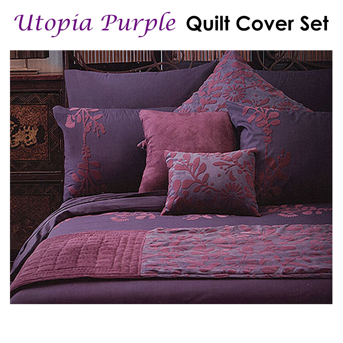 Accessorize Utopia Purple Quilt Cover Set Double featuring a floral design in purple, mauve, and plum colors, perfect for double beds.