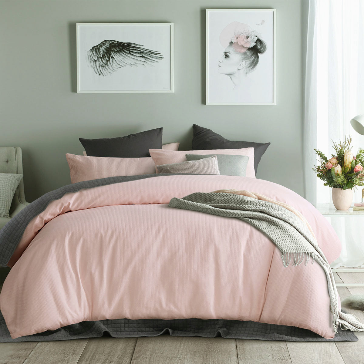 Accessorize Waffle Blush Cotton Quilt Cover Set King featuring waffle weave design and soft cotton fabric.