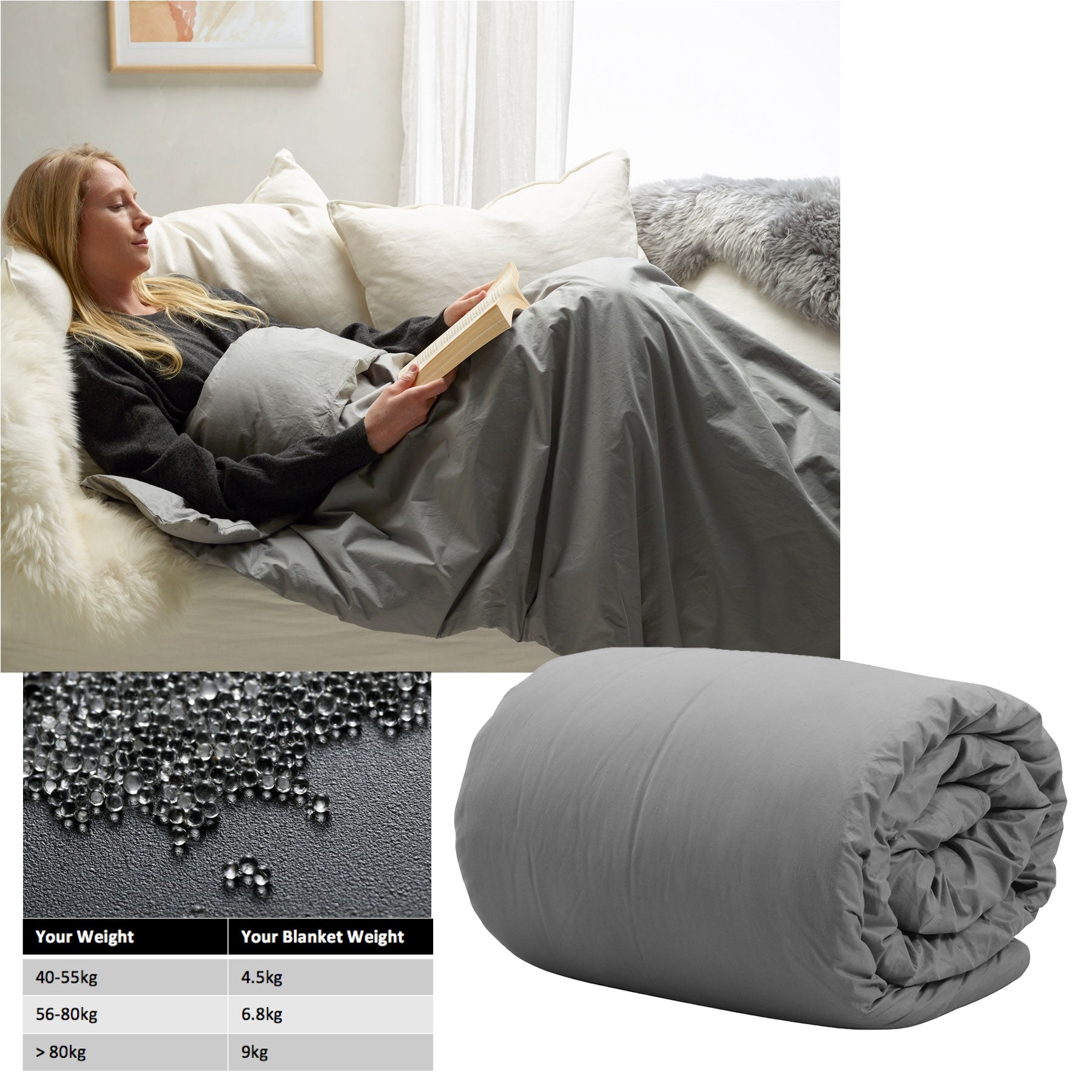 Accessorize Weighted Calming Blanket in grey, featuring a quilted design and filled with nontoxic glass micro-beads for comfort and relaxation.